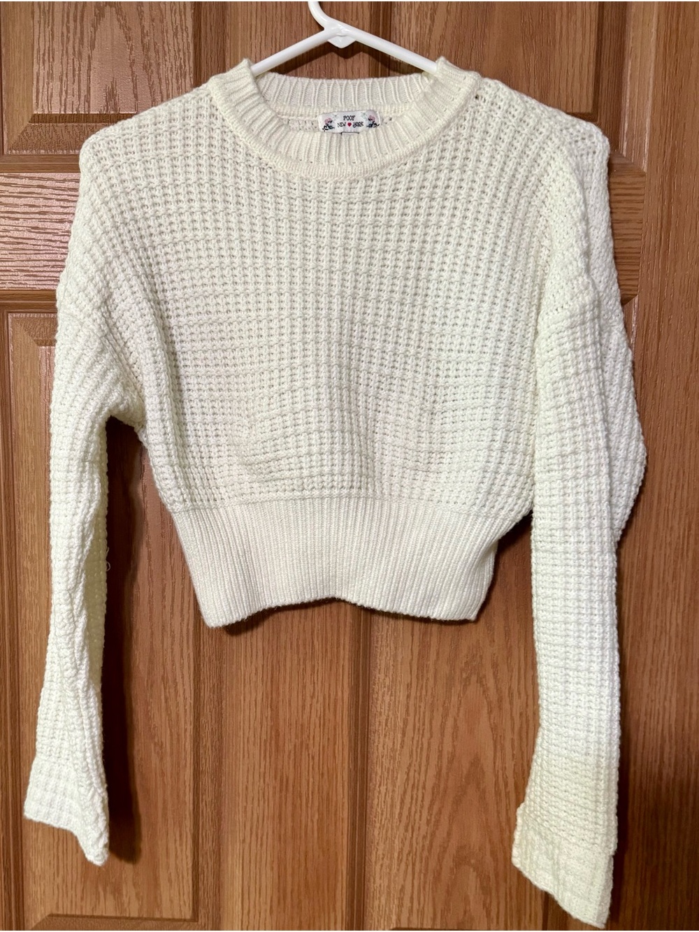 Poof! NY Cream Waffle Knit Cropped Crew Sweater Medium